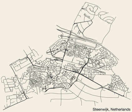 Detailed hand-drawn navigational urban street roads map of the Dutch city of STEENWIJK, NETHERLANDS with solid road lines and name tag on vintage background