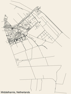 Detailed hand-drawn navigational urban street roads map of the Dutch city of MIDDELHARNIS, NETHERLANDS with solid road lines and name tag on vintage background