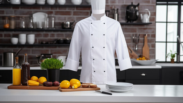 chef in white uniform standing near table with fresh vegetables in kitchen  generativa IA
