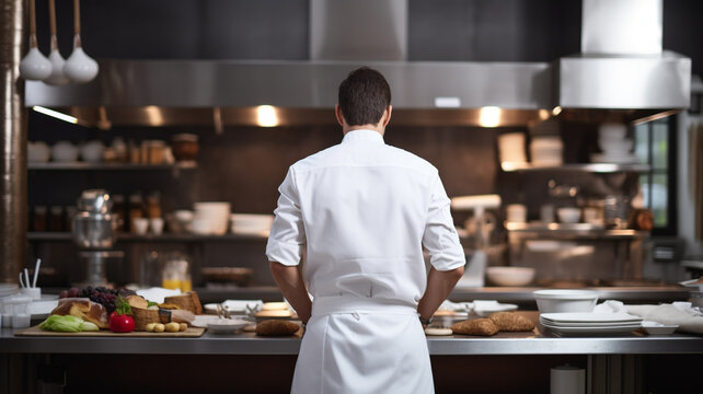 Back view of a young male chef standing in the kitchen of a restaurant generativa IA