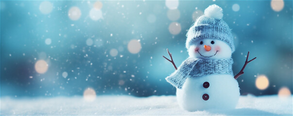 snowman on snow with copy space and bokeh blue background, Christmas snow background - obrazy, fototapety, plakaty