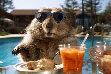 Groundhog enjoying pool on Groundhog Day. Generative AI - obrazy, fototapety, plakaty