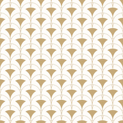 Vector seamless pattern in Art deco style. Golden abstract geometric background with curved shapes, peacock ornament, grid, lattice. Simple elegant gold and white texture. Modern repeated geo design