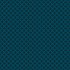 Fototapeta na wymiar Subtle vector geometric seamless pattern with rounded grid, mesh, lattice, small circles, squares, repeat tiles, curved lines. Simple abstract dark teal background. Luxury vector ornament texture