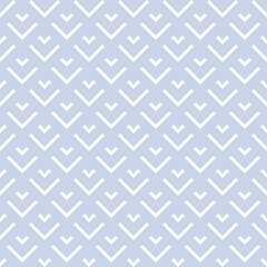 Vector minimalist geometric seamless pattern with lines, arrows, squares, rhombuses, grid. Simple abstract light blue and white graphic ornament. Modern minimal background texture. Repeated design