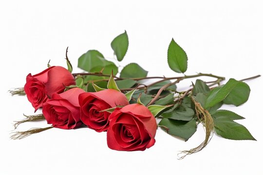 Red rose bouquet with long stalks and leaves isolated on white background. Generative AI