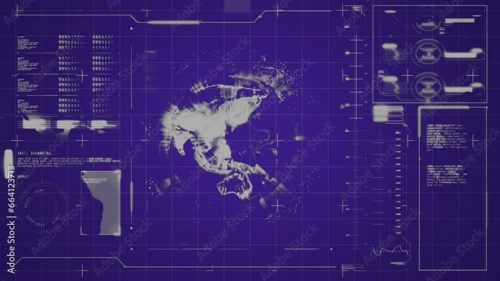 Poster animation of interface with data processing over spinning globe against blue background