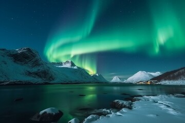 Stunning winter night in Norway with the magical Northern Lights dancing over the snow-covered Lofoten Islands landscape. Generative AI