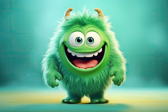 Funny fluffy green monster isolated on teal blue background. Happy and furry little monster. Cute yeti. Halloween character