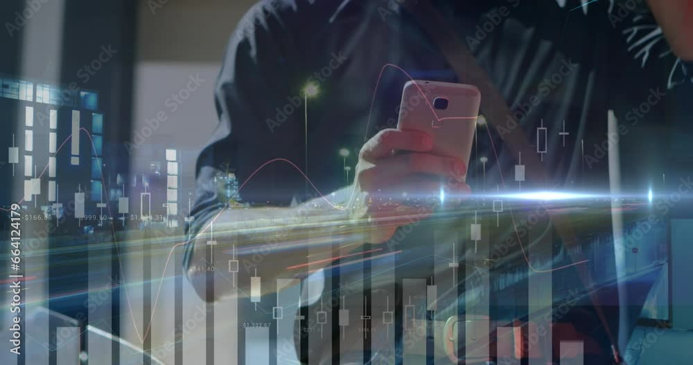 Poster animation of cyber security data processing against mid section of man using smartphone