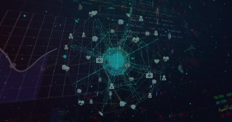 Animation of globe of medical icons spinning over statistical and stock market data processing - Powered by Adobe
