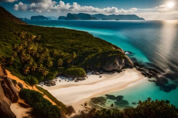 view from the beach, A secluded, untouched beach is framed by majestic cliffs, creating a serene bay