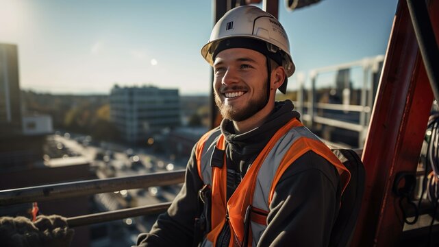 "Der aufgeweckte Bauarbeiter in den 20ern: Junge Energie am Baukran &ndash; Neugier und Enthusiasmus auf der Baustelle"