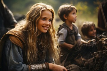 Viking woman with her children outside the village - obrazy, fototapety, plakaty