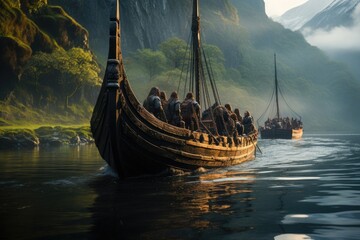 Viking ship arriving at the port of its town - obrazy, fototapety, plakaty