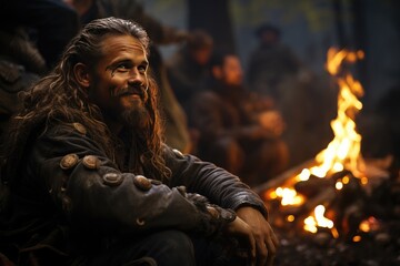 Viking warrior happy and sitting around his village game