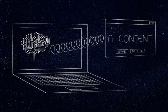 laptop with AI content pop-up message and microchip brain on screen, artificial intelligence and deep learning