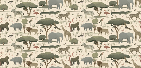 African animals in the habitat seamless pattern. Earthy color palette illustration. Exotic nature wallpaper for home decoration, fabric, postcard.