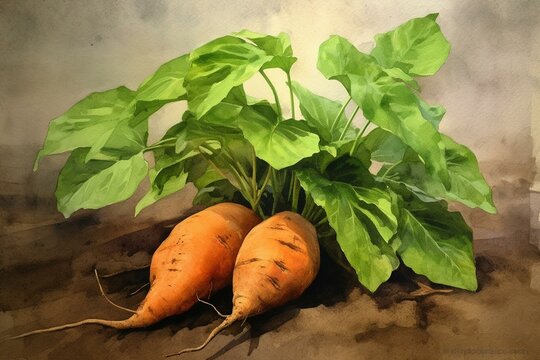 Two sweet potatoes, sweet potato leaves, watercolor painting. Generative AI