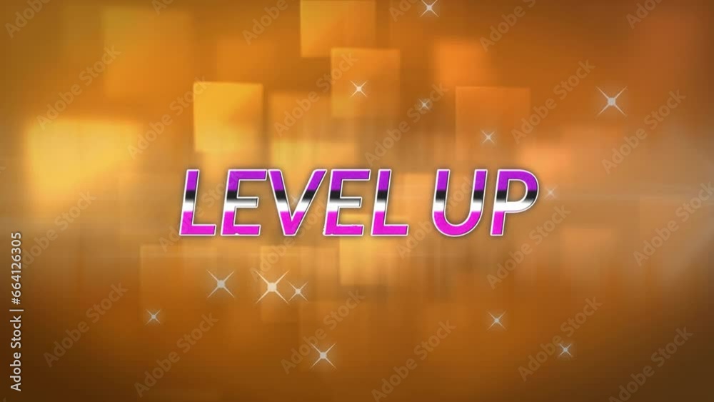 Poster animation of level up text with stars and squares over abstract background