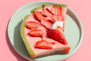 Strawberries pie on pink background,