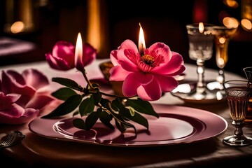 table setting with flowers, A solitary pink petaled flower on the table, bathed in the soft glow of a candlelit dinner