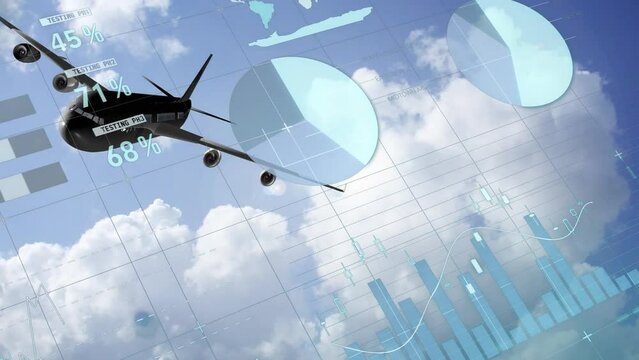 Animation of infographic interface over airplane flying against cloudy sky