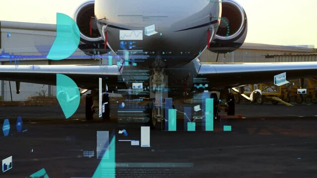 Animation of graphs, loading circles, changing numbers, trading board, parked airplane at airport