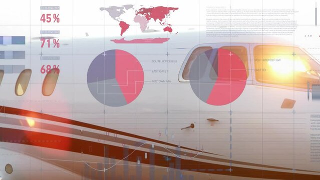 Animation of infographic interface over parked private jet in airport