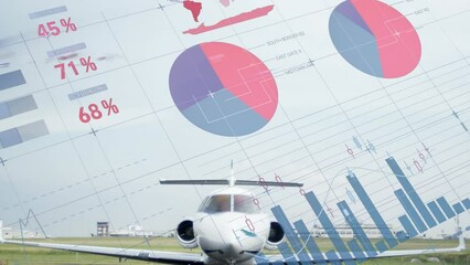 Animation of multicolored infographic interface over parked airplane at airport - Powered by Adobe