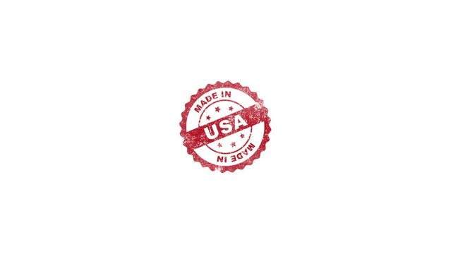 Made In USA Badge Animation with red ink, USA badge seal certificate with stars.