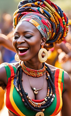 Woman dancing outside at cultural event. Rasta colored outfit with red, yellow, green. Dreads and colorful hat. Beautiful laughing happy lady.