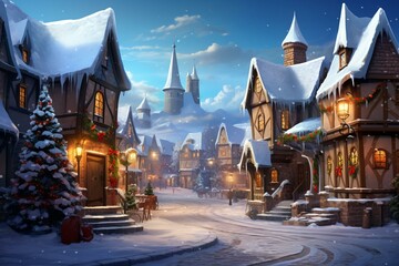 Digital artwork of a magical village adorned with Christmas decorations. Generative AI