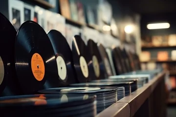 Fotobehang Shelf of vinyl records with music store background. Generative AI © David