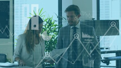 Animation of graphs, flowchart, cloud in laptop, diverse coworkers standing and discussing reports - Powered by Adobe