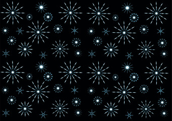 Fototapeta na wymiar Illustration of christmas background with snowflakes. Blue and white snowflakes on a black background, night theme.