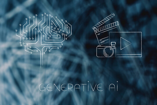 artificial intelligence and deep learning, microchip brain next to photo and video icon