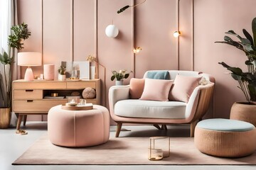 modern living room interior, A stylish composition of a modern living room interior with a frotte armchair, wooden commode, side table, and elegant home accessories