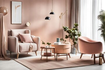 Fototapeta na wymiar modern living room with furniture, A stylish composition of a modern living room interior with a frotte armchair, wooden commode, side table, and elegant home accessories
