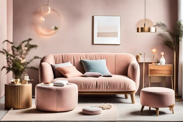 modern living room with sofa, A stylish composition of a modern living room interior with a frotte armchair, wooden commode, side table, and elegant home accessories
