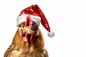 Fototapeten chicken wearing christmas hat on white background © d-AI-n