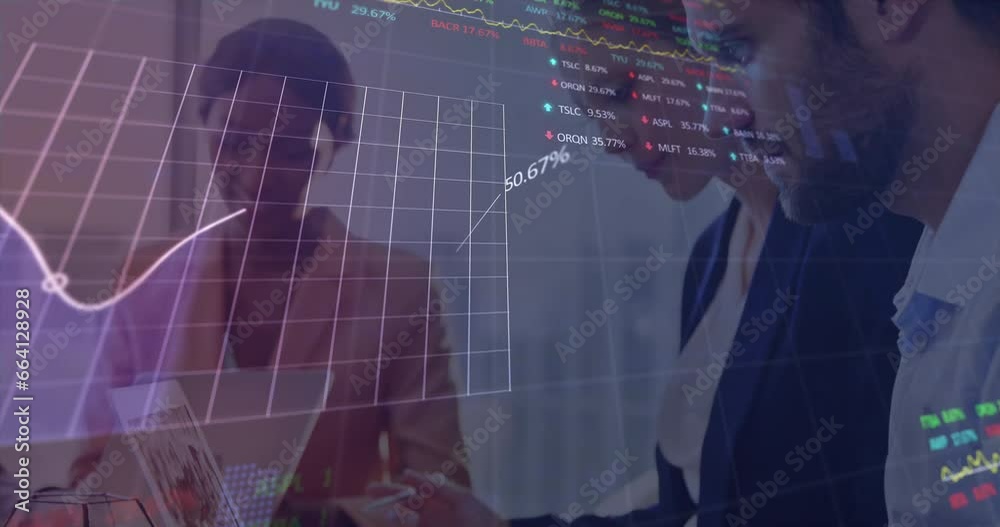 Wall mural Animation of statistical, stock market data processing against caucasian man using laptop at office