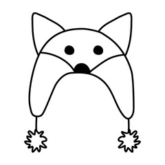 Warm funny winter hat, animal design, fox with ears, doodle style vector outline for coloring book