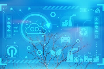Net zero concept. Net zero icon on dry tree .Carbon affects global warming. Innovative ideas to...