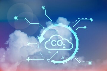 Net zero concept. Net zero icon on sky cloud .Carbon affects global warming. Innovative ideas to...