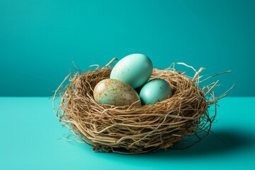Colored eggs nest, turquoise backdrop. Generative AI