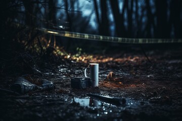 Dark crime scene marked with evidence. Generative AI - obrazy, fototapety, plakaty