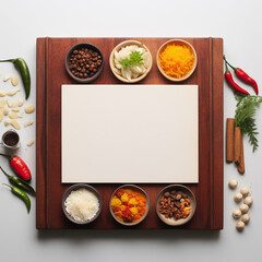 Plain book cover surrounded by food ingredients from chilli and spice are arranged in a border.