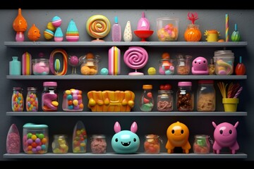 Obraz na płótnie Canvas Assorted 3D candy items displayed on a store shelf. Generative AI