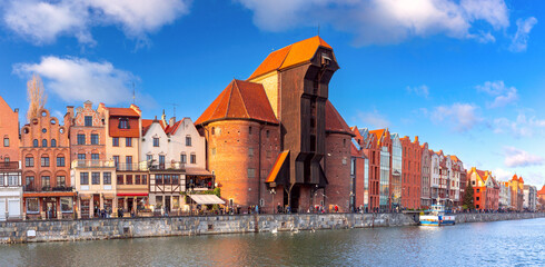 Panorama of Old Town with Old harbour crane and city gate Zuraw and Motlawa River, Gdansk, Poland